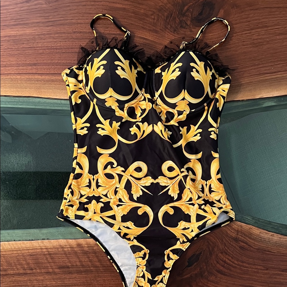 Black & Gold Baroque One-Piece Swimsuit